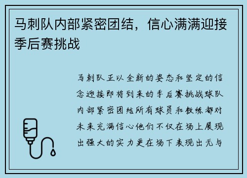 马刺队内部紧密团结，信心满满迎接季后赛挑战